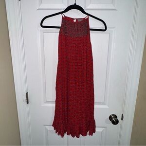Braeve Red Medallion Print Beaded Halter Mini Dress Womens Small Boho Ruffle Hem